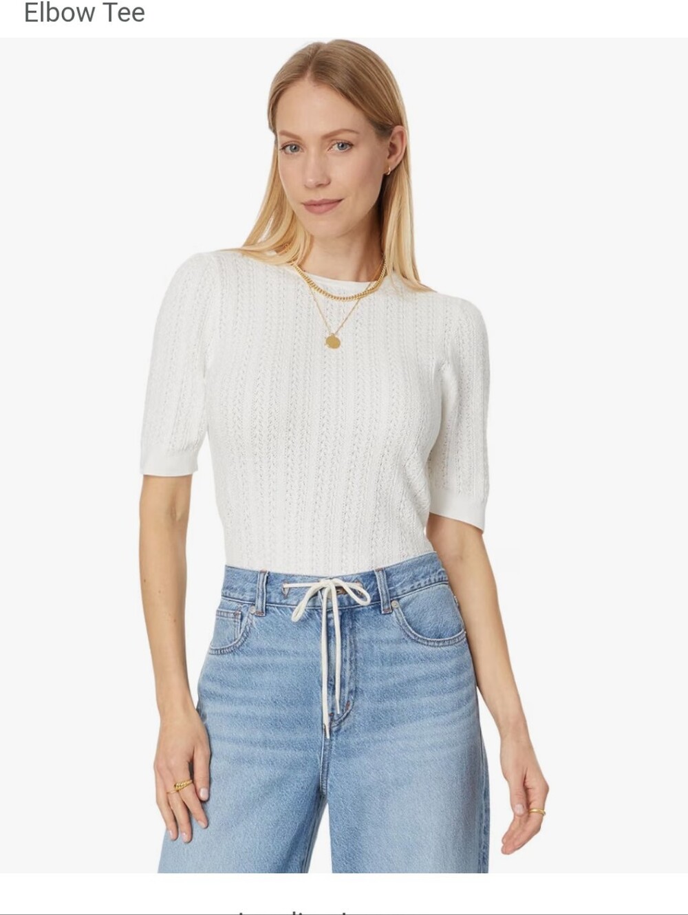 Marled White Knit Elbow Sleeve Tee